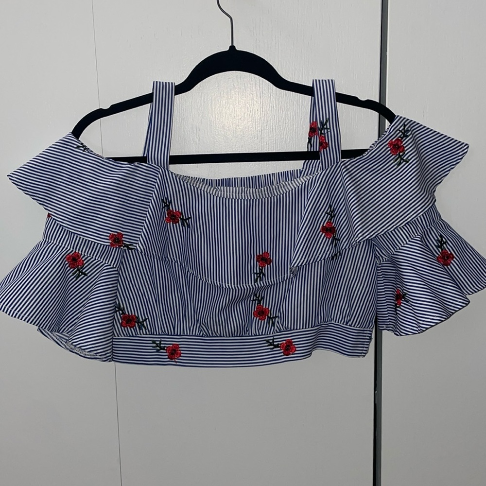 Stripe Floral Crop Top | Blue White